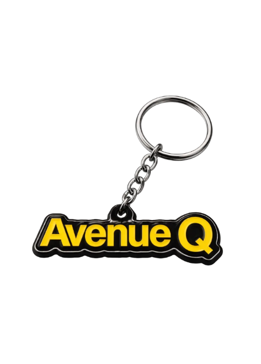 Keychain with 'Avenue Q' logo on a white background