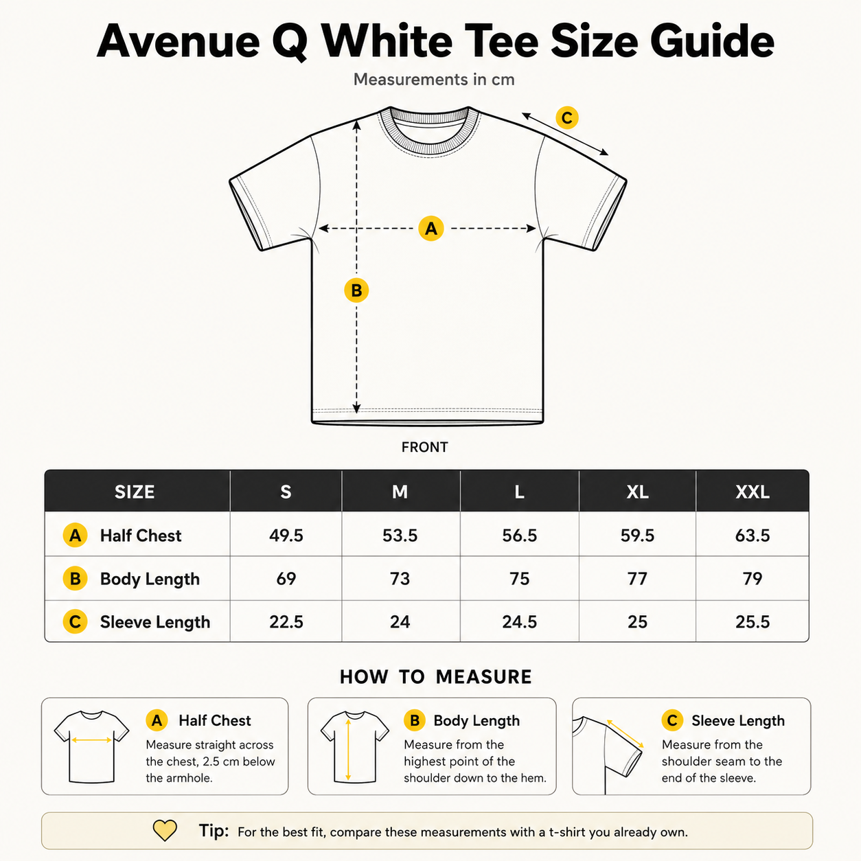 Avenue Q white T-shirt size guide with measurements in centimetres