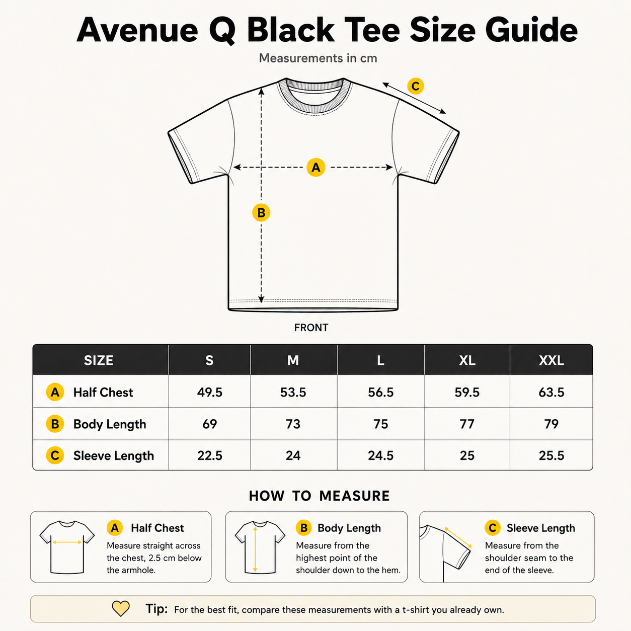 Avenue Q black T-shirt size guide