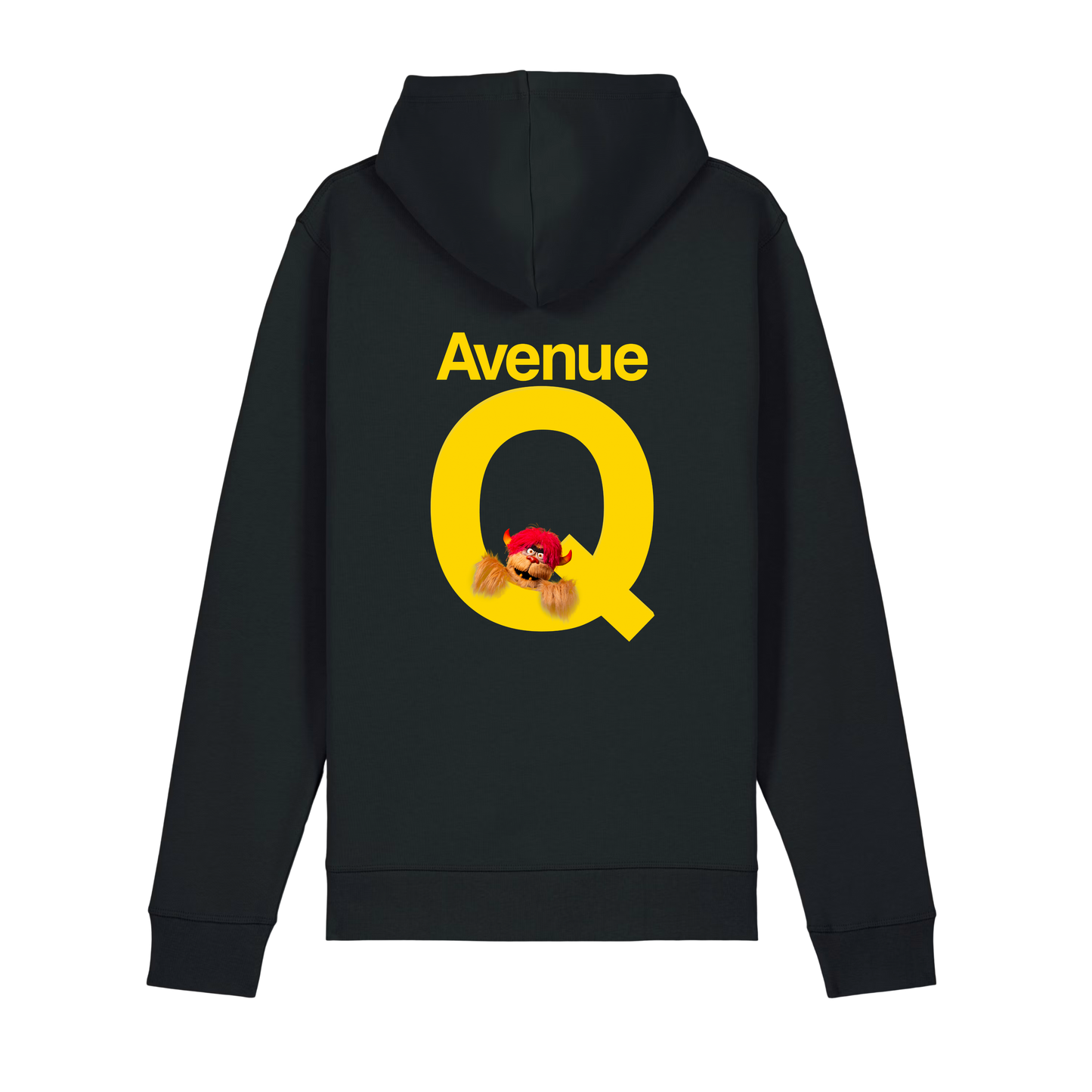 Official Avenue Q hoodie back with yellow Avenue Q logo and character artwork