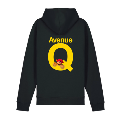 Official Avenue Q hoodie back with yellow Avenue Q logo and character artwork