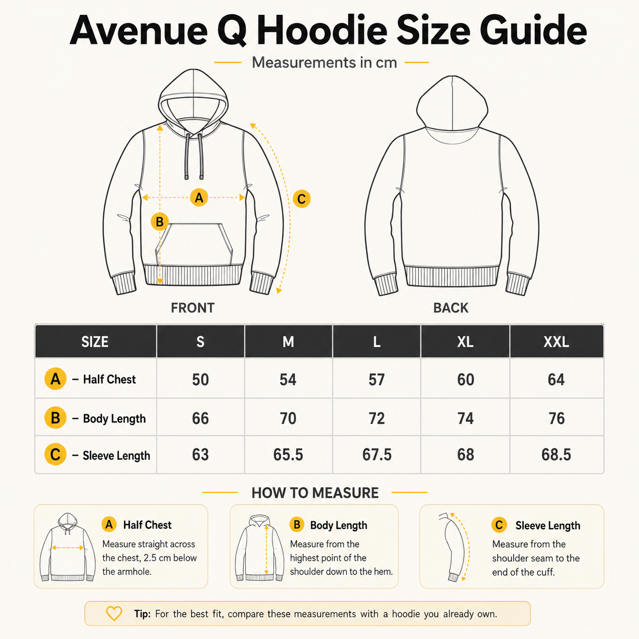Avenue Q hoodie size guide with measurements in centimetres