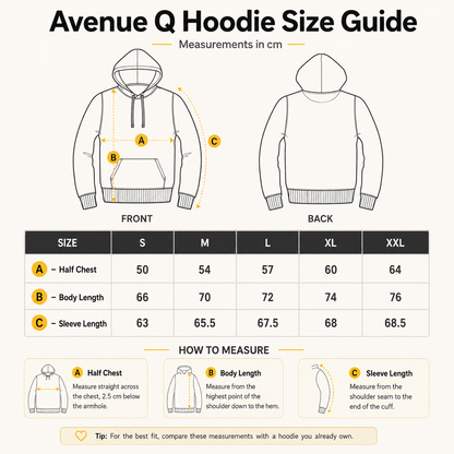 Avenue Q hoodie size guide with measurements in centimetres
