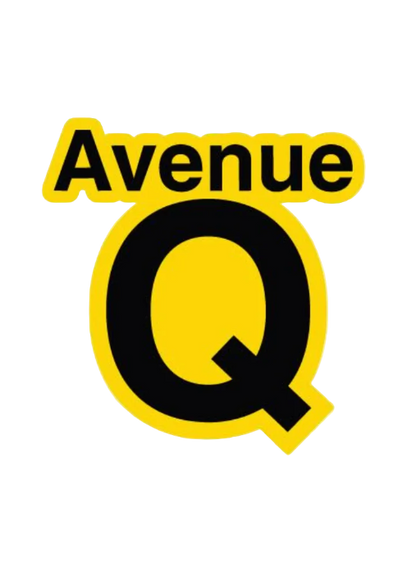 Logo of 'Avenue Q' with yellow border and black text on a white background