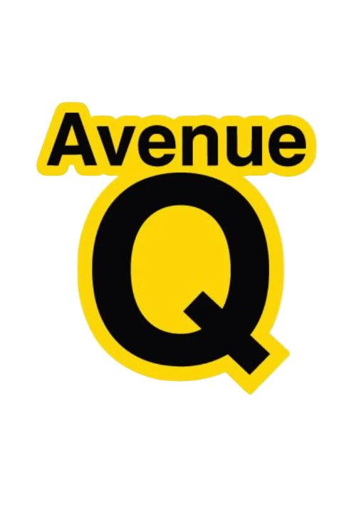 Logo of 'Avenue Q' with yellow border and black text on a white background