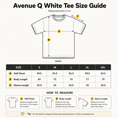 Avenue Q white T-shirt size guide with measurements in centimetres