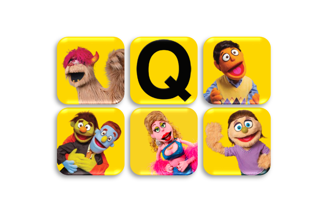Six official Avenue Q coasters featuring characters and the iconic Q logo
