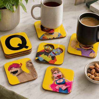 Official Avenue Q glossy cork coaster set displayed with tea and coffee cups on a table