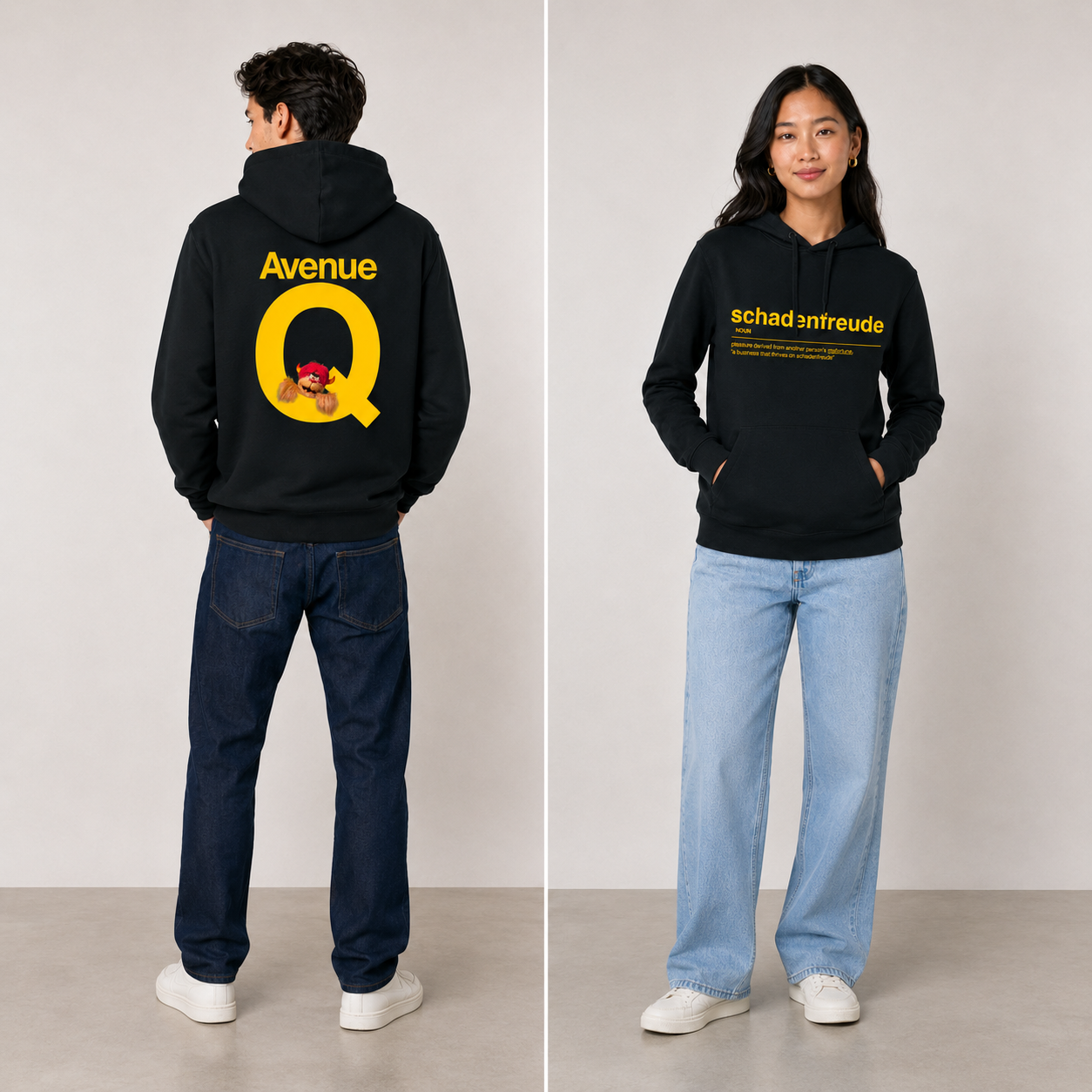 Models wearing the official Avenue Q hoodie, shown from the front and back