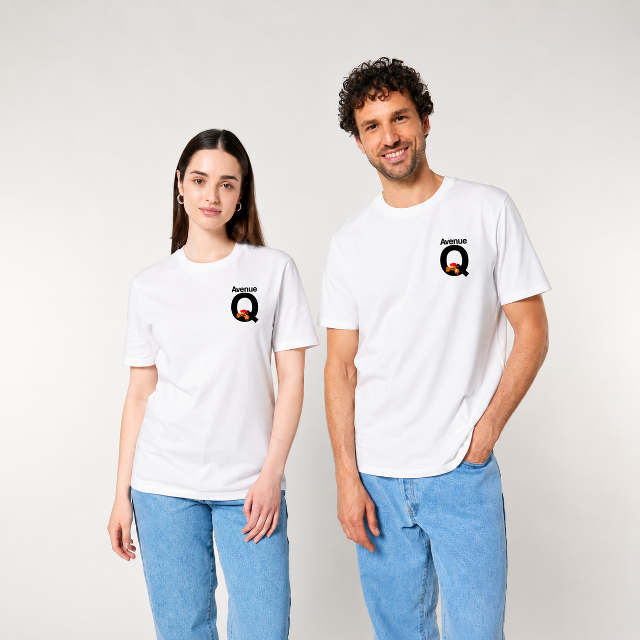 Models wearing the official Avenue Q white T-shirt